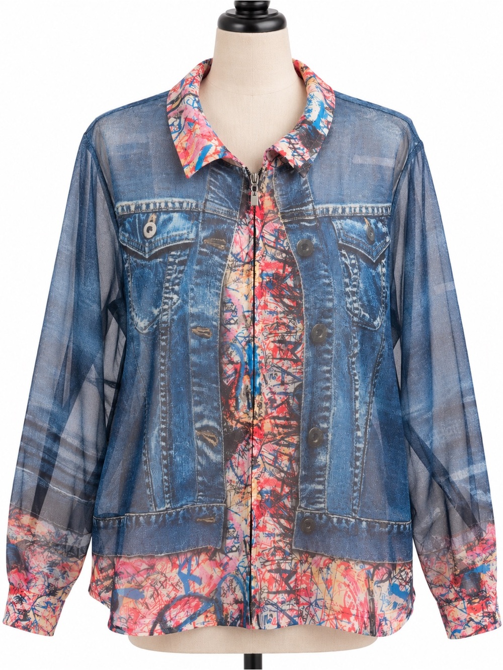 John Mark Sheer Denim-Print Zip Up Blouse/Jacket